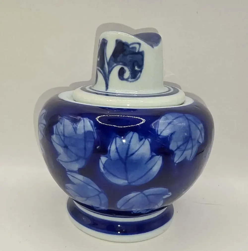 Designpac Ceramic Sugar Bowl Cobalt Blue Leaf Pattern China 70s Vintage